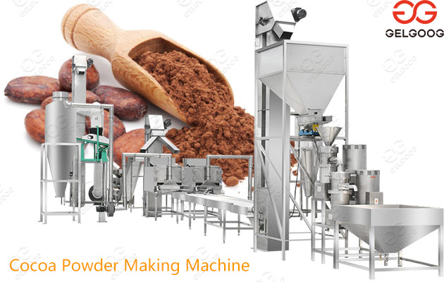 The cocoa powder processing line is consisted of cocoa bean roasting machine, cocoa bean peeling machine, cocoa bean grinder, hydraulic oil press, pow